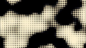 Seamless looped background of black and beige illuminated pixel waves. Design. Black stains resembling a cow print.