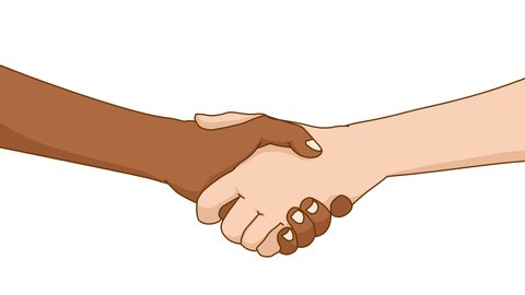 Ethnic handshake hands, loop animation. Agreement, contract, deal hand shake, peace. African American black and white human deal. Professional team work. White isolated background. 2d draw footage