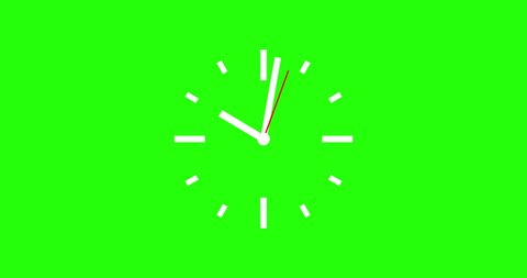 Animated Clock in 24h loop. Alarm Clock with moving arrows. Loop. Alpha channel with green background for keying. Wall Clock time lapse animation. White minute and hour hand and red second hand.