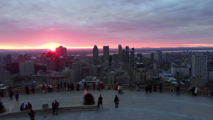 Aerial shot over the belvedere Kondiaronk, Mont-Royal Park, Montreal.