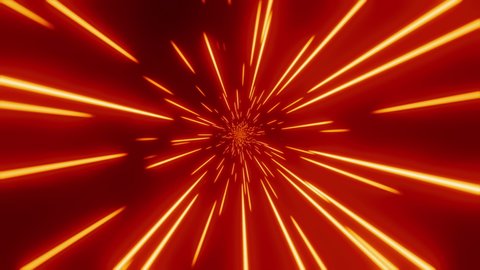 Loopable: Interstellar flight with rotation at warp speed, space jump through red-orange hyperspace. Abstract space background.