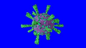 Loopable on Blue Screen: Single rotating coronavirus virion particle isolated on blue screen background. Stylyzed SARS-CoV-2 (COVID-19) coronavirus 3D animation.