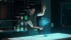 Professional AI Engineer works with Holographic Brain Digital Interface and Infographics at Modern High Tech Research Facility. Futuristic Augmented Reality Technology. Artificial Intelligence Concept - Powered by Shutterstock - Get 15% off with code: PIKWIZARD15