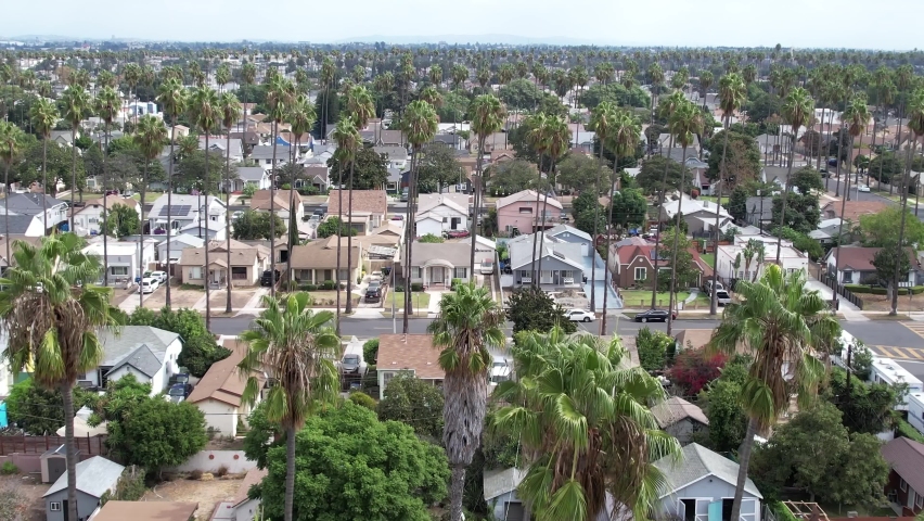 South Central area of Crenshaw community, houses in bad area of Los Angeles, rising aerial over palm trees Royalty-Free Stock Footage #1081763549