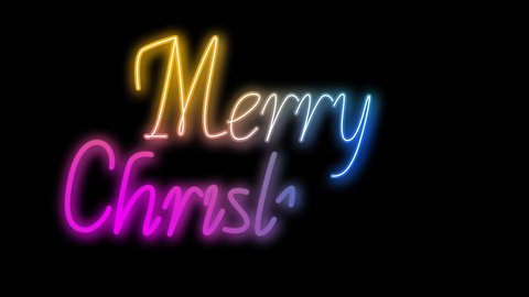 Merry Christmas congrats lettering self drawing animation on black background. Colourful glowing text greeting