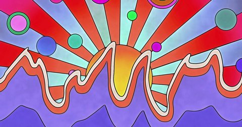 A 1960s or 1970s retro style animated sunburst with a fan of bursting stars in the foreground. Rotating planets and waves complete the scene. Created in a bright psychedelic ink and watercolor style.