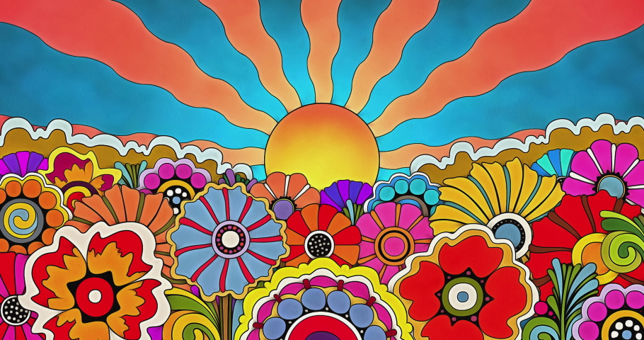 A pop art retro flowers and sunburst animated illustration in the style of vintage 1960s or 1970s psychedelic artwork. The view slowly zooms in across the bed of flowers towards the wavy sun rays. Royalty-Free Stock Footage #1081767038