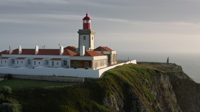 Aerial footage of a beautiful old beacon guarding Lisbon