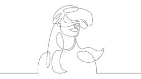Portrait of a female head wearing virtual reality glasses. Virtual reality gaming helmet.Self drawing simple animation one continuous line.Line art doodle draw hand.Concept cartoon character flat mode
