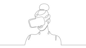 Portrait of a female head wearing virtual reality glasses. Virtual reality gaming helmet.Self drawing simple animation one continuous line.Line art doodle draw hand.Concept cartoon character flat mode