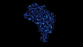 A map of the Brazil country consisting of stars of shimmering blue particles on a black background.