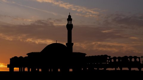 Al rahmah mosque, time lapse at sunrise with colorful clouds, jeddah, saudi  arabia