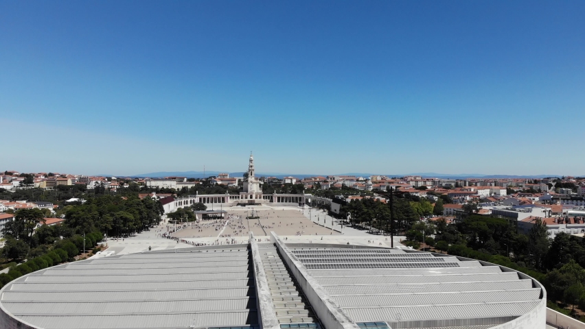 DRONE AERIAL FOOTAGE - The Basilica of Our Lady of the Rosary of Fatima, the Basilica of the Most Holy Trinity, and Chapel of the Apparitions in Fatima, Portugal. | Shutterstock HD Video #1081780406