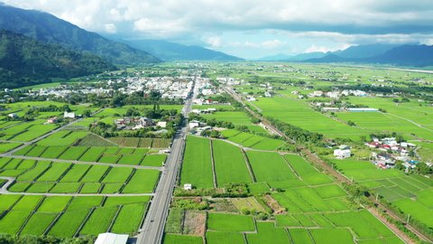 Aerial view beautiful rice paddy fields and Guanshan town in Taitung, Taiwan