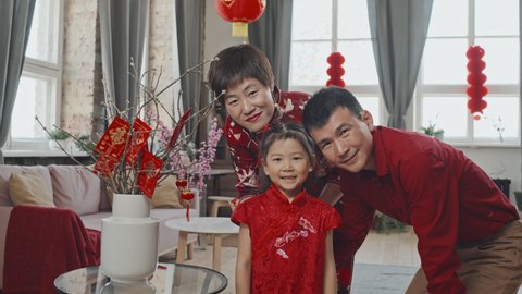 Portrait shot of happy Chinese woman, man and little girl in traditional clothing putting ornaments on branches in vase and decorating for Lunar New Year, then smiling for camera