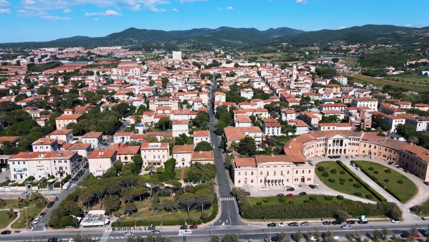 Amazing aerial view of Livorno coastline, Tuscany. Slow motion