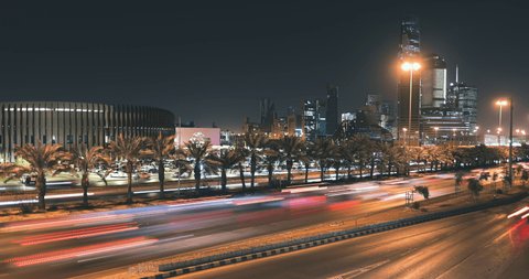 Saudi Arabia, Riyadh 20-10-2021 : highway and landscape view for riyadh city and king Abdullah financial center during night speed lights and technology