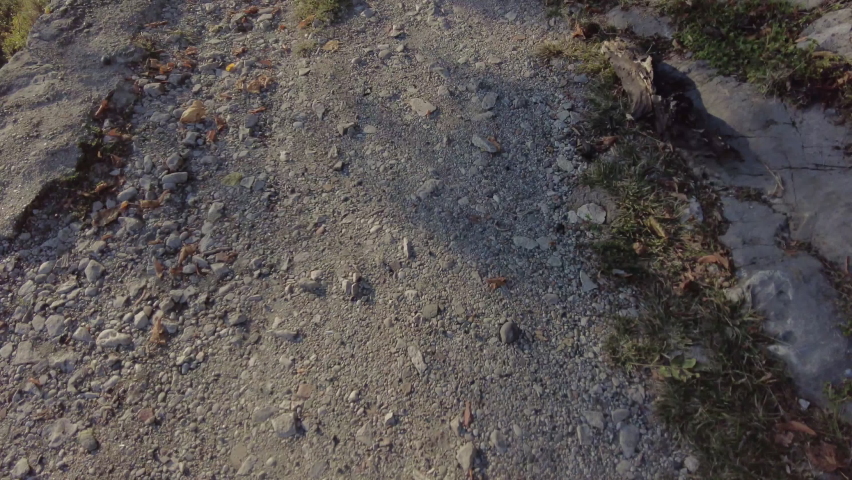 Hiking up a mountain path, sunny day