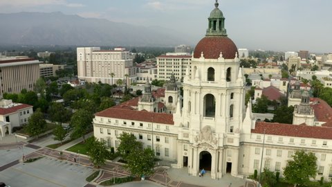 Aerial: Tilt Down Shot Of Famous Town Hall In City, Drone Flying Over Footpath - Pasadena, California