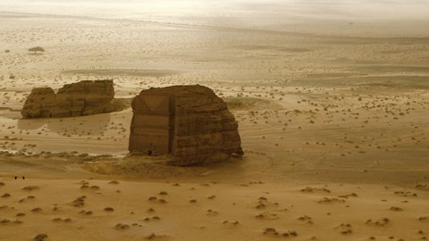 Aerial Moving Forward To The Ancient Madain Saleh Tomb In The Arabian Desert