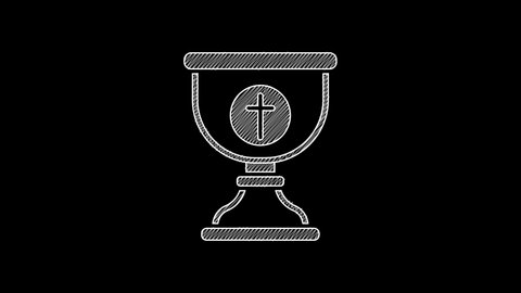White line Christian chalice icon isolated on black background. Christianity icon. Happy Easter. 4K Video motion graphic animation.