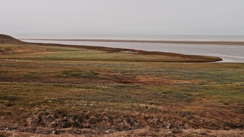 View of landswell of Yamal peninsula and Kara sea. Cloudy afternoon
