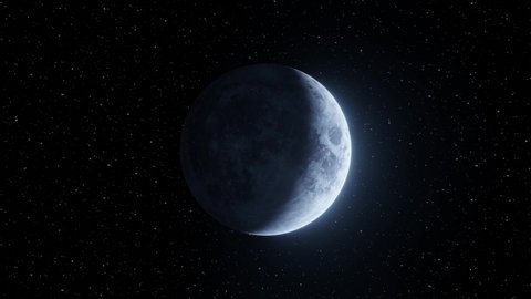 Animation of the Moon phases in their complete cycle on a background of moving stars. Looping video. Detailed illustration of the moon. 3D Rendering