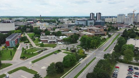 WATERLOO, ONTARIO, CANADA- OCTOBER 15, 2021: Aerial view of the University of Waterloo, Ontario, Canada 4K