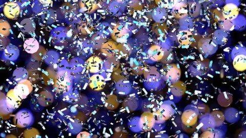Realistic looping 3D animation of the blue and yellow shining light particles bokeh with falling silver metallic confetti rendered in UHD as motion background