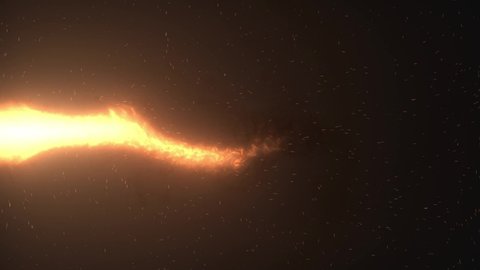 Compustion flame with flying sparks. Horizontal burst of fire