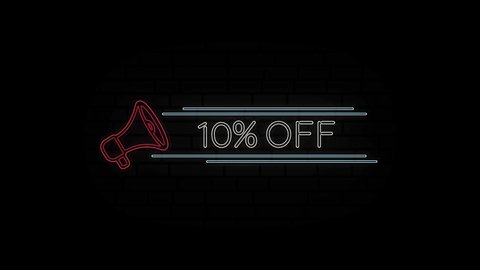 Glowing neon line Megaphone icon with text 10 Percent Off isolated on black background. 4K Video motion graphic animation.