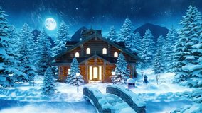 Christmas and New Year Background. Night Magic Snowy Forest and Blue Sky with Stars and Bright Moon. Starry Christmas Night in the Village. Moving Forward. Depth of Field. 3d Animation - Powered by Shutterstock - Get 15% off with code: PIKWIZARD15