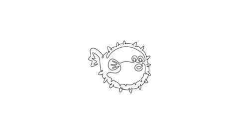 Animated self drawing of single continuous line draw adorable pufferfish for marine logo identity. Blow fish mascot concept for Chinese restaurant icon. Full length one line animation illustration.