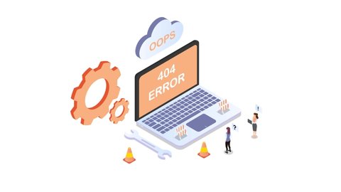 Two business people animation working together to repair web page error with connection 404 error on screen. Cartoon in 4k resolution