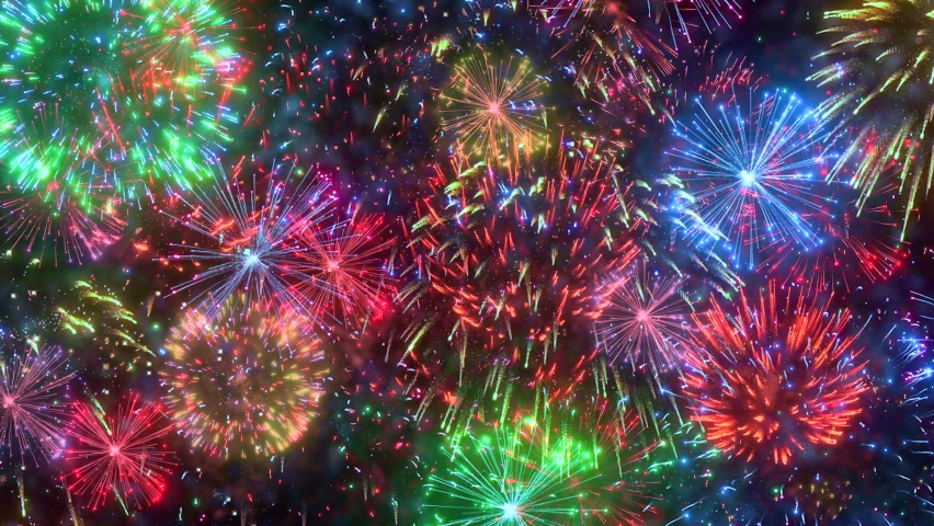 4K. loop seamless of real fireworks background. abstract blur of real golden shining fireworks with bokeh lights in the night sky. glowing fireworks show. New year's eve fireworks celebration