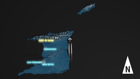 Seamless looping animation of the 3d terrain map at nighttime of Trinidad and Tobago with the capital and the biggest cites in 4K resolution