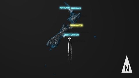 Seamless looping animation of the 3d terrain map at nighttime of New Zealand with the capital and the biggest cites in 4K resolution