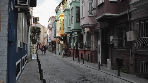 Istanbul, Turkey-Oct.31, 2021: Tourists and local people walk and shop in famous Balat district in Istanbul. Balat becomes more popular and tourist attractive  although corona pandemic.