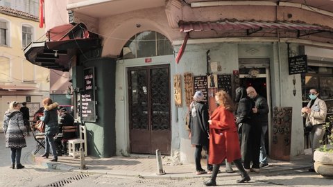 Istanbul, Turkey-Oct.31, 2021: Tourists and local people walk and shop in famous Balat district in Istanbul. Balat becomes more popular and tourist attractive  although corona pandemic.