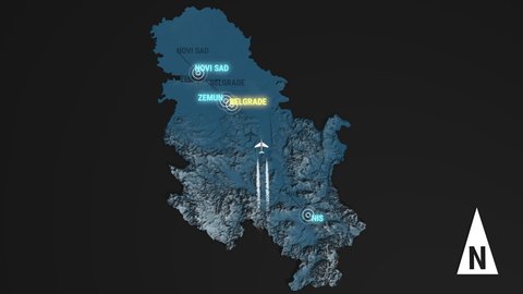 Seamless looping animation of the 3d terrain map at nighttime of Serbia with the capital and the biggest cites in 4K resolution