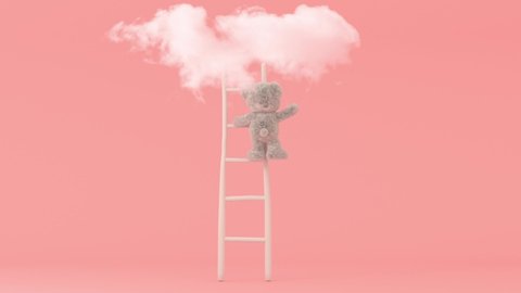 Step Ladder Leading To Clouds. Toy Bear Is Trying To Reach The Clouds. Minimal Pink Compostition.