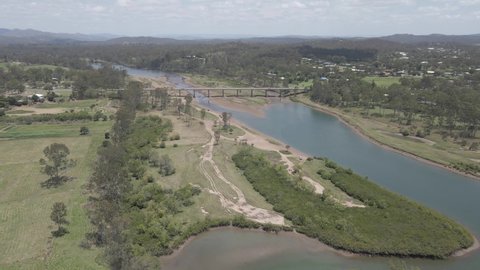 Aerial View Of Bruce Highway Bridge Over The Boyne River In The Rural Town Of Far North Queensland, Australia.