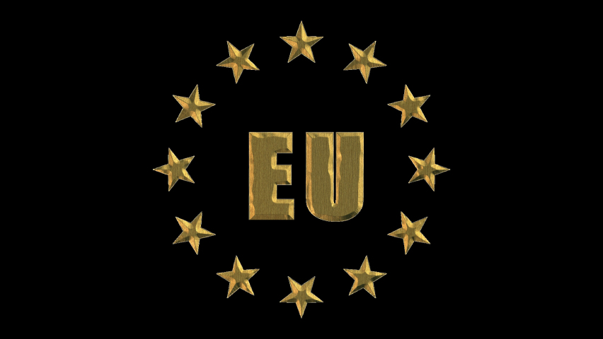 Gilded EU emblem erodes cracks and is covered with moss. Decay, decline, stagnation concept. Prorez with alpha, easy to place on any background. Royalty-Free Stock Footage #1081835780