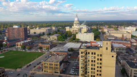SPRINGFIELD, ILLINOIS - CIRCA 2020s - Aerial of the Illinois state capitol building in Springfield, Illinois.