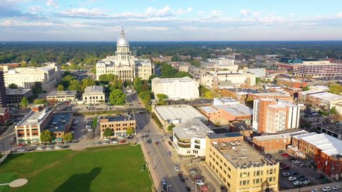 SPRINGFIELD, ILLINOIS - CIRCA 2020s - Good aerial of the Illinois state capitol building in Springfield, Illinois.