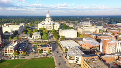 SPRINGFIELD, ILLINOIS - CIRCA 2020s - Good aerial approach of the Illinois state capitol building in Springfield, Illinois.