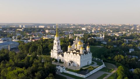 Dolly zoom. Russia, Vladimir. Dormition Cathedral in Vladimir (Assumption Cathedral) Cathedral of the Vladimir Metropolitanate of the Russian Orthodox Church, Aerial View, Departure of the camera