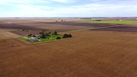 AMERICA - CIRCA 2020s - Good aerial over vast flat farmland and fields in Iowa, Illinois, or Indiana arrives at a patch of farmland.