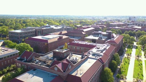 WEST LAFAYETTE. INDIANA - CIRCA 2020s - Aerial of Purdue University campus in West Lafayette, Indiana.