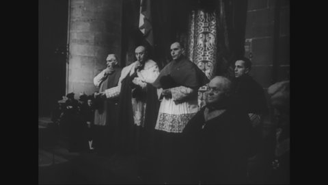 CIRCA 1945 - Generals de Gaulle, de Tassigny, Juin, and Leclerc attend a victory service at the cathedral in Strasbourg, France.